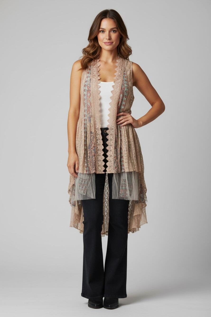 Origami Hi-Lo Lace Taupe and Mint Multicolor Vest Small